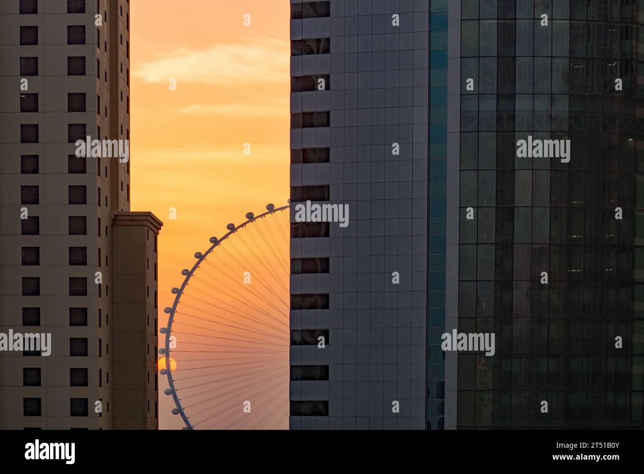 Dubaï, Émirats arabes Unis- 21 septembre 2023 : la silhouette stationnaire d'Ain Dubaï entre des blocs de tours résidentiels au Dubai Marine, une image de coucher de soleil. Banque D'Images