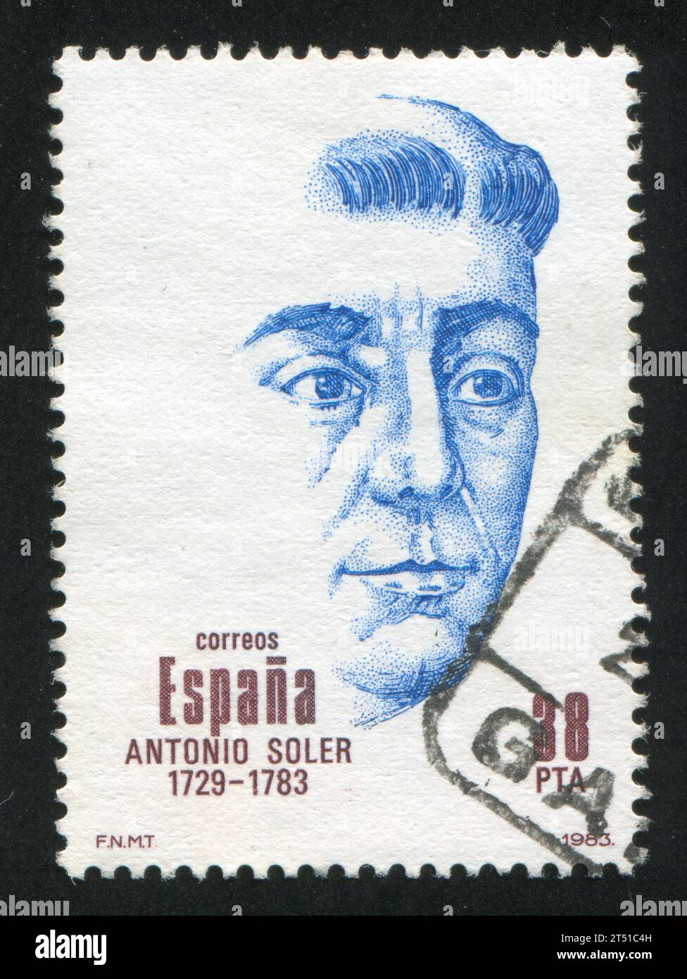 ESPAGNE - CIRCA 1983 : timbre imprimé par l'Espagne, montre Antonio Soler Ramos, compositeur, circa 1983 Banque D'Images