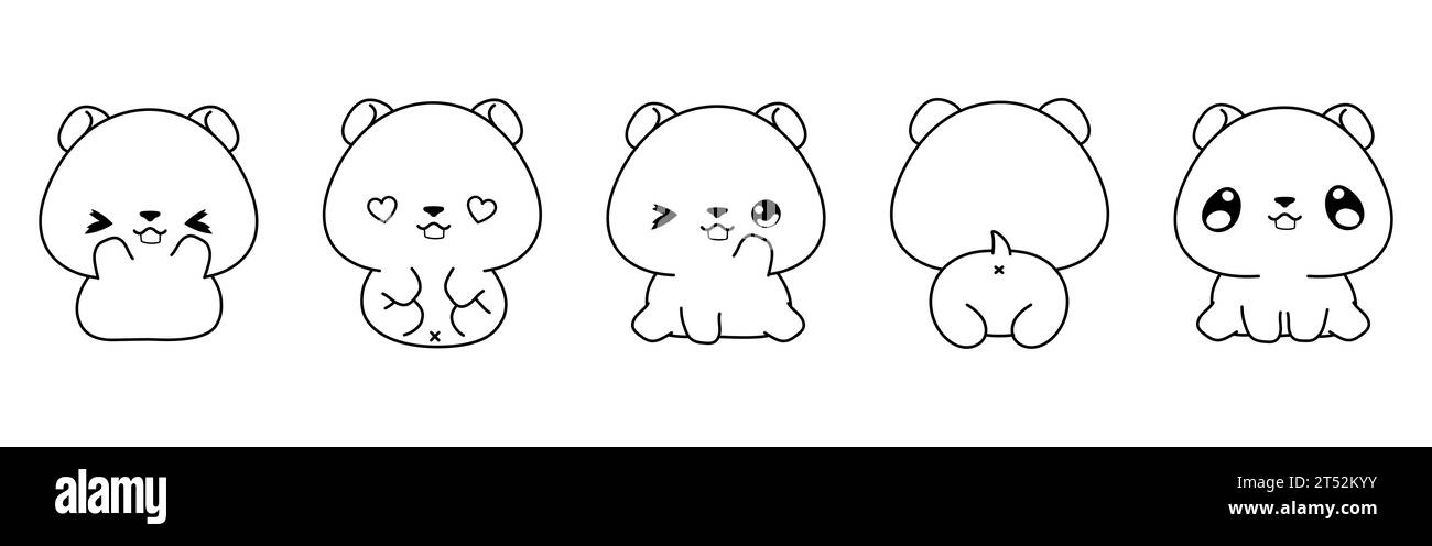 Ensemble de page de coloriage de hamster isolé Kawaii. Collection de dessin animé vectoriel mignon Animal Outline pour autocollants, douche de bébé, livre de coloriage, impressions pour Illustration de Vecteur