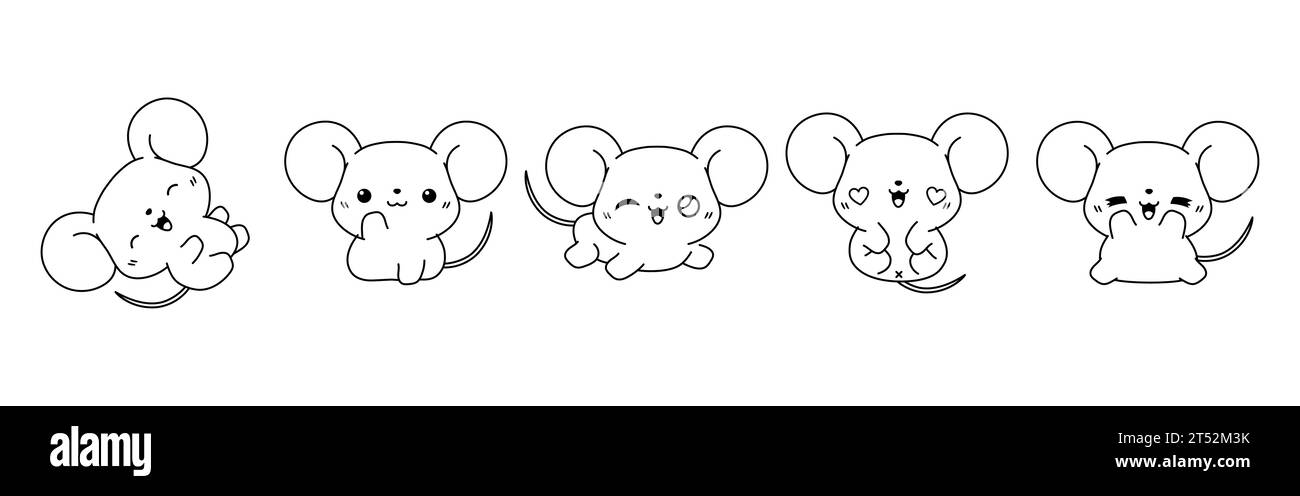 Ensemble de page de coloriage Vector Cartoon Mouse. Collection de Kawaii Isolated Baby Mice Outline pour autocollants, Baby Shower, Livre de coloriage, impressions pour Illustration de Vecteur