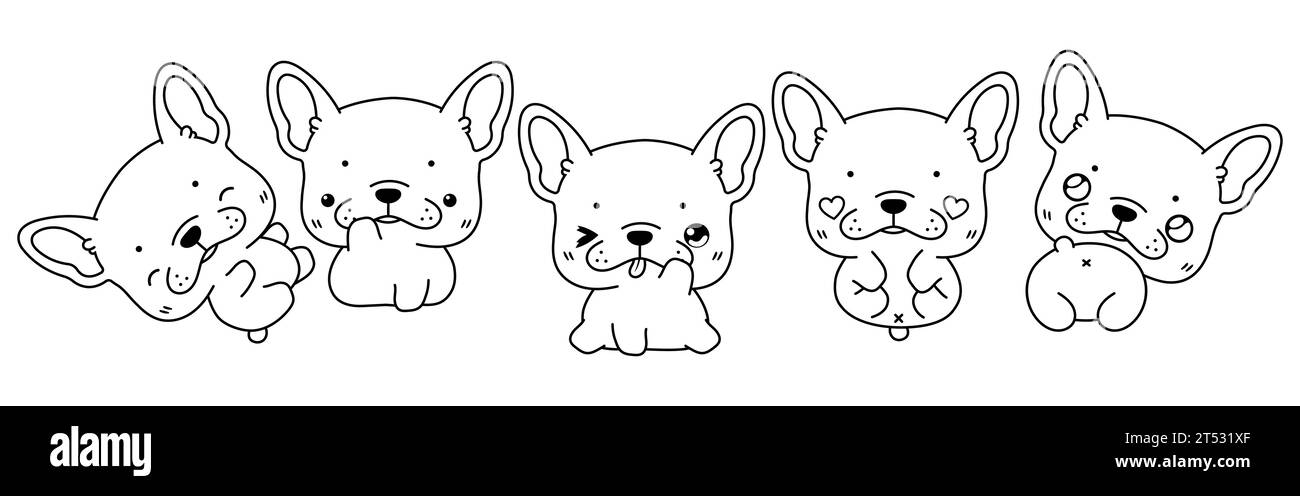 Collection de Vector Cartoon French Bulldog Dog Coloriage page. Ensemble de Kawaii Isolated Animal Outline pour autocollants, douche de bébé, livre de coloriage, impressions Illustration de Vecteur