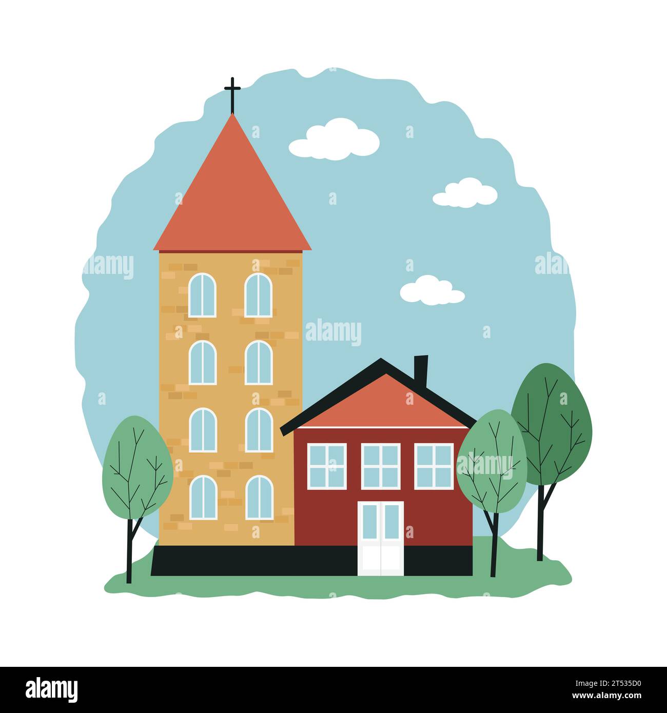 Eglise et une petite maison, arbres autour. Temple religieux. Style européen. Illustration vectorielle dans le style plat Illustration de Vecteur