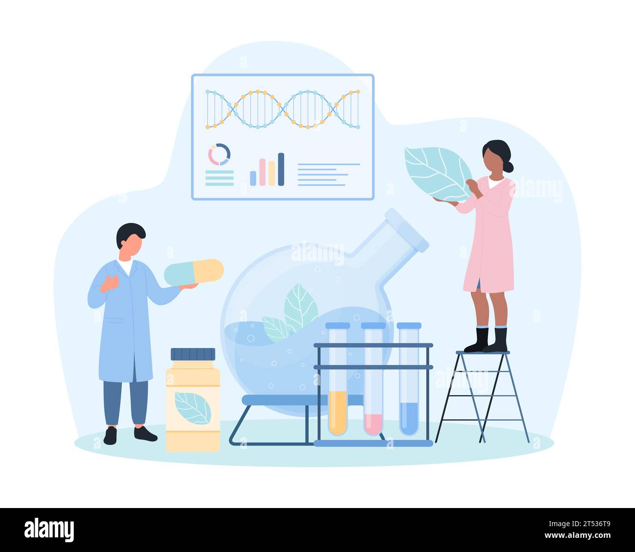 Naturopathie, recherche médicale des suppléments naturels en illustration vectorielle de laboratoire. Dessins animés minuscules scientifiques tenant la feuille verte et la pilule pour faire le remède naturopathique dans le flacon pour guérir les maladies Illustration de Vecteur