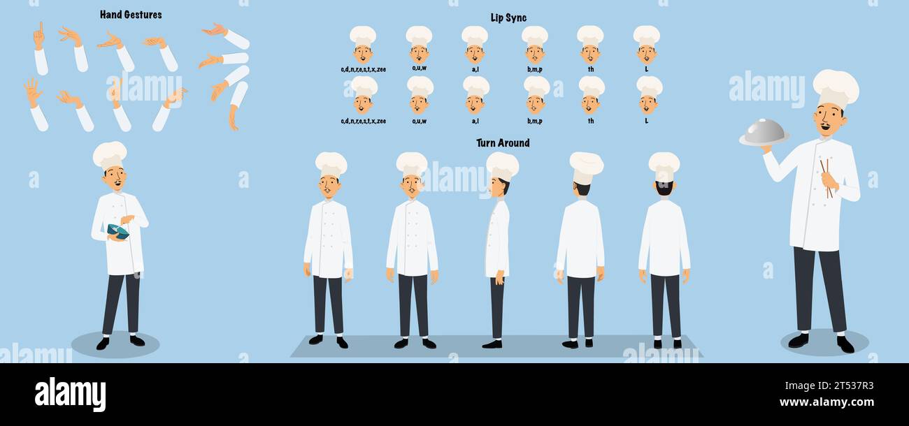 Un chef, feuille modèle de cuisinier. Chef masculin, ensemble de création de cuisinier. Feuille de rotation du chef, gestes de la main, synchronisation des lèvres Illustration de Vecteur