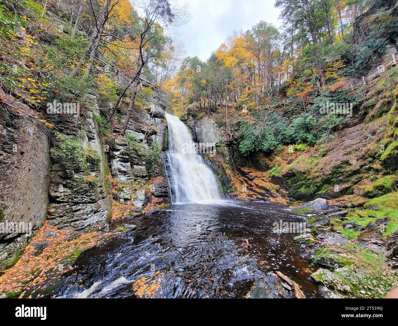 Belle vue sur la chute d'eau principale entourée par le magnifique feuillage d'automne près de Bushkill Falls, Pennsylvanie, États-Unis Banque D'Images