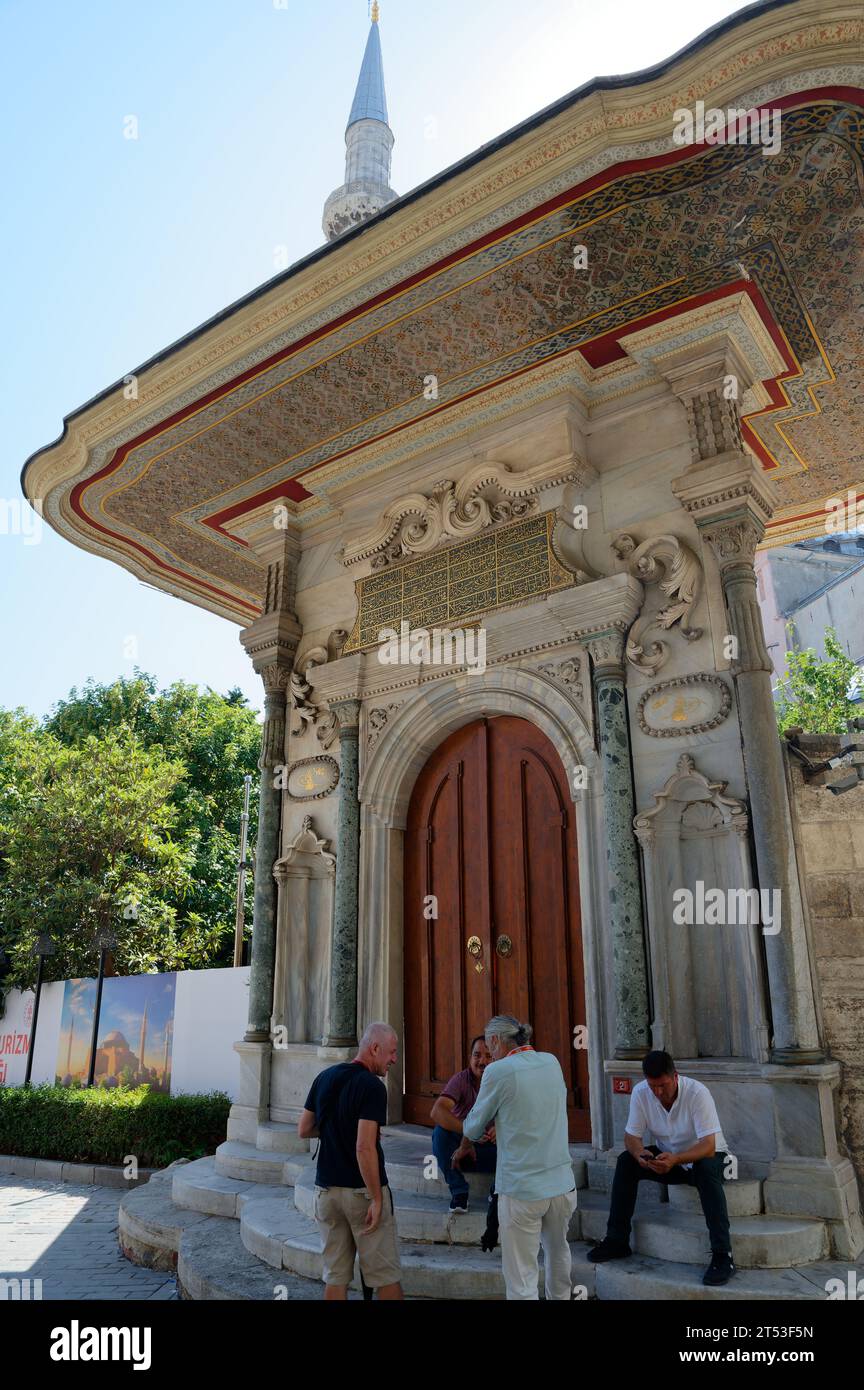 Un rassemblement animé de guides engagés dans la conversation sur les marches ornées de la porte d'entrée embellie d'une mosquée, au milieu du charme d'Istanbul. Banque D'Images