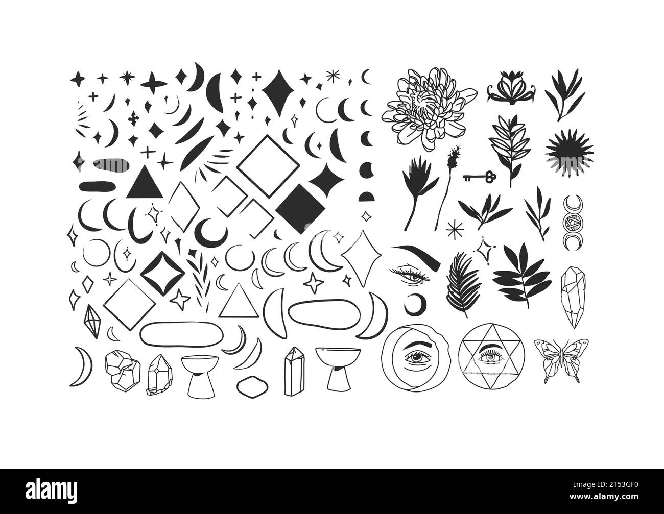Ensemble de papillon graphique vectoriel d'art de ligne, lune, étoiles, silhouettes de fleur de ligne et symboles ésotériques.Alchemy éléments magiques mystiques pour les impressions, affiches Illustration de Vecteur