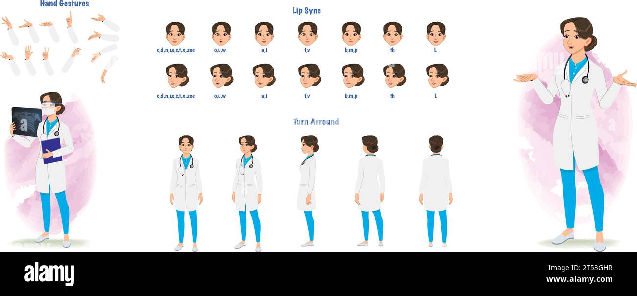 Une feuille de modèle de radiologue. Feuille de rotation du médecin féminin. Gestes de la main du docteur, synchronisation des lèvres Illustration de Vecteur