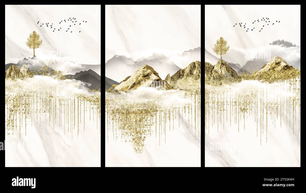 Affiche murale 3d art moderne Art paysager peint mural avec arbre doré, lignes dorées et montagne et oiseaux sur fond de marbre blanc. Banque D'Images