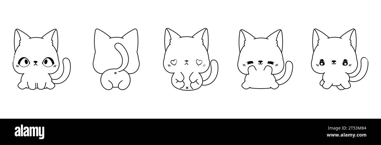 Ensemble de page à colorier de chat siamois isolé Kawaii. Collection de mignon Vector Cartoon Kitten Outline pour autocollants, douche de bébé, livre de coloriage, impressions Illustration de Vecteur