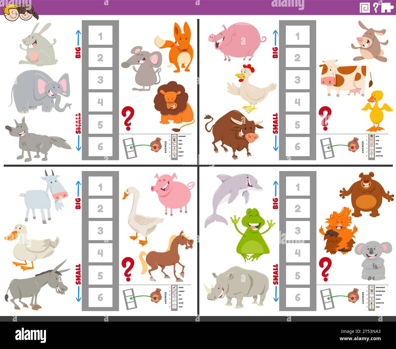 Illustration de dessin animé de jeux éducatifs ensemble de trouver les plus grandes et les plus petites espèces animales Illustration de Vecteur