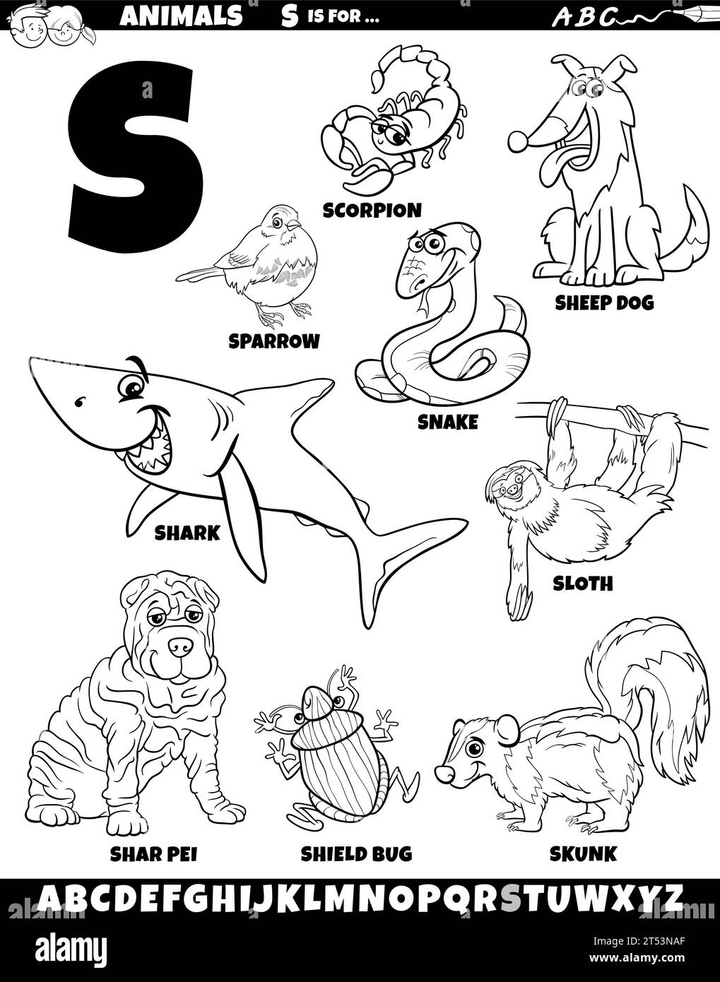Illustration de dessin animé de personnages animaux mis pour la lettre S coloriage page Illustration de Vecteur