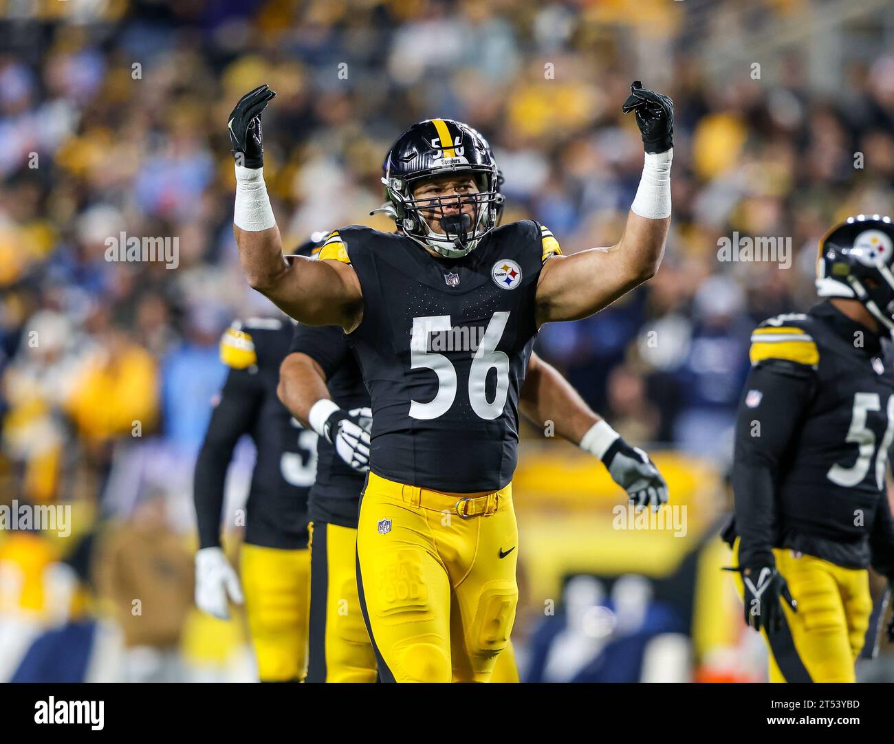 Hookstown, Pennsylvanie, États-Unis. 2 novembre 2023. ALEX HIGHSMITH (56), le linebacker des Steelers de Pittsburgh, attire la foule lors du match de football NFL entre les Steelers de Pittsburgh et les Titans du Tennessee au stade Arisure de Pittsburgh, en Pennsylvanie. (Image de crédit : © Brent Gudenschwager/ZUMA Press Wire) USAGE ÉDITORIAL SEULEMENT! Non destiné à UN USAGE commercial ! Banque D'Images