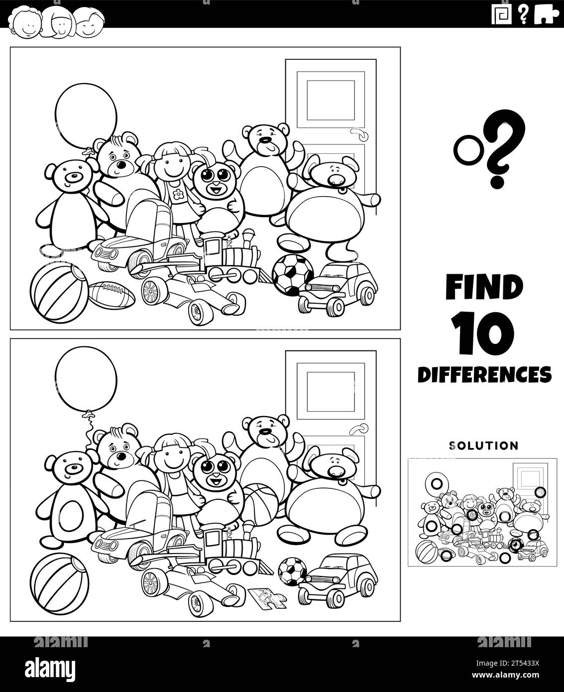 Illustration de dessin animé noir et blanc de trouver les différences entre les images de l'activité éducative avec des jouets personnages coloriage page Illustration de Vecteur