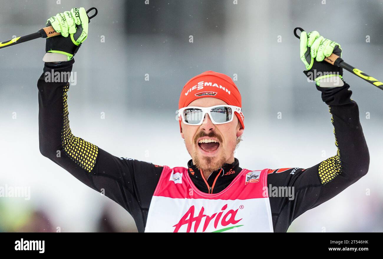 21.02., Salpausselkae Stadion, Lahti, fin, FIS Weltcup Nordische Kombination, Lahti, langlauf, im Bild Sieger Fabian Riessle (GER) // vainqueur allemand Fabian Riessle célèbre lors de la course de fond Gundersen de la coupe du monde de combiné nordique FIS, Jeux de ski de Lahti au stade de Salpausselkae le 02/Finlande le 21/2016/2016. Banque D'Images