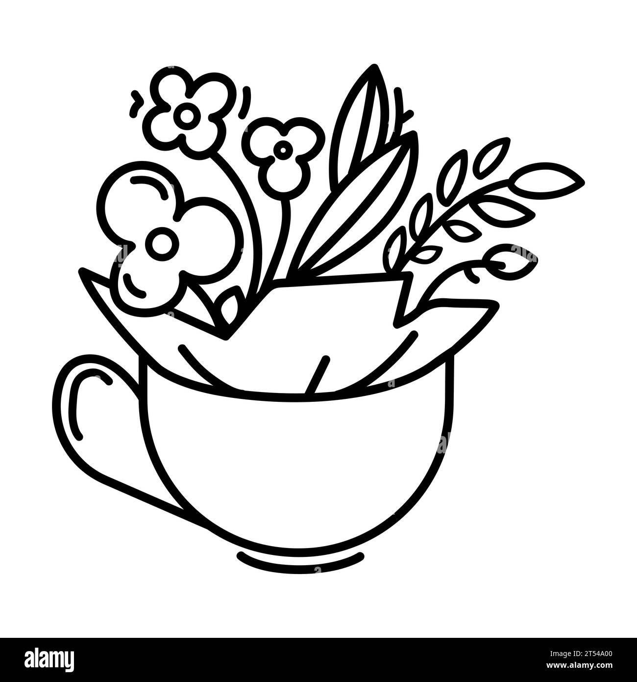 Tasse avec des fleurs à l'intérieur de la ligne logo icône concept.Vector illustration d'une tasse de café ou de thé avec des fleurs grandissant à partir de it.simple design de ligne Illustration de Vecteur