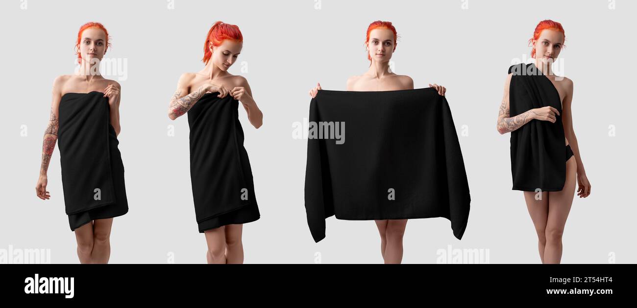 Maquette d'une serviette noire, présentation d'un chiffon sec pour essuyer une fille aux cheveux roux, vue à longueur de genou. Modèle de serviette Terry pour la marque. Définir. A W Banque D'Images