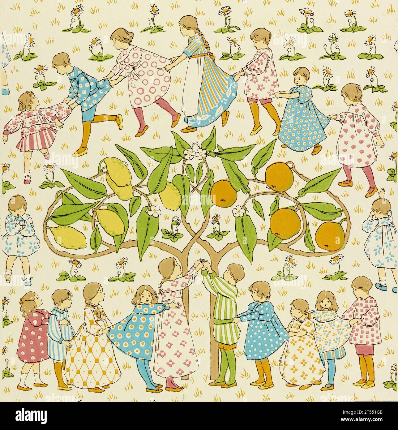 Jeffrey & Company - oranges et citrons disent les cloches de St. Clements - danse des enfants autour d'un citronnier orangé - 1902 Banque D'Images