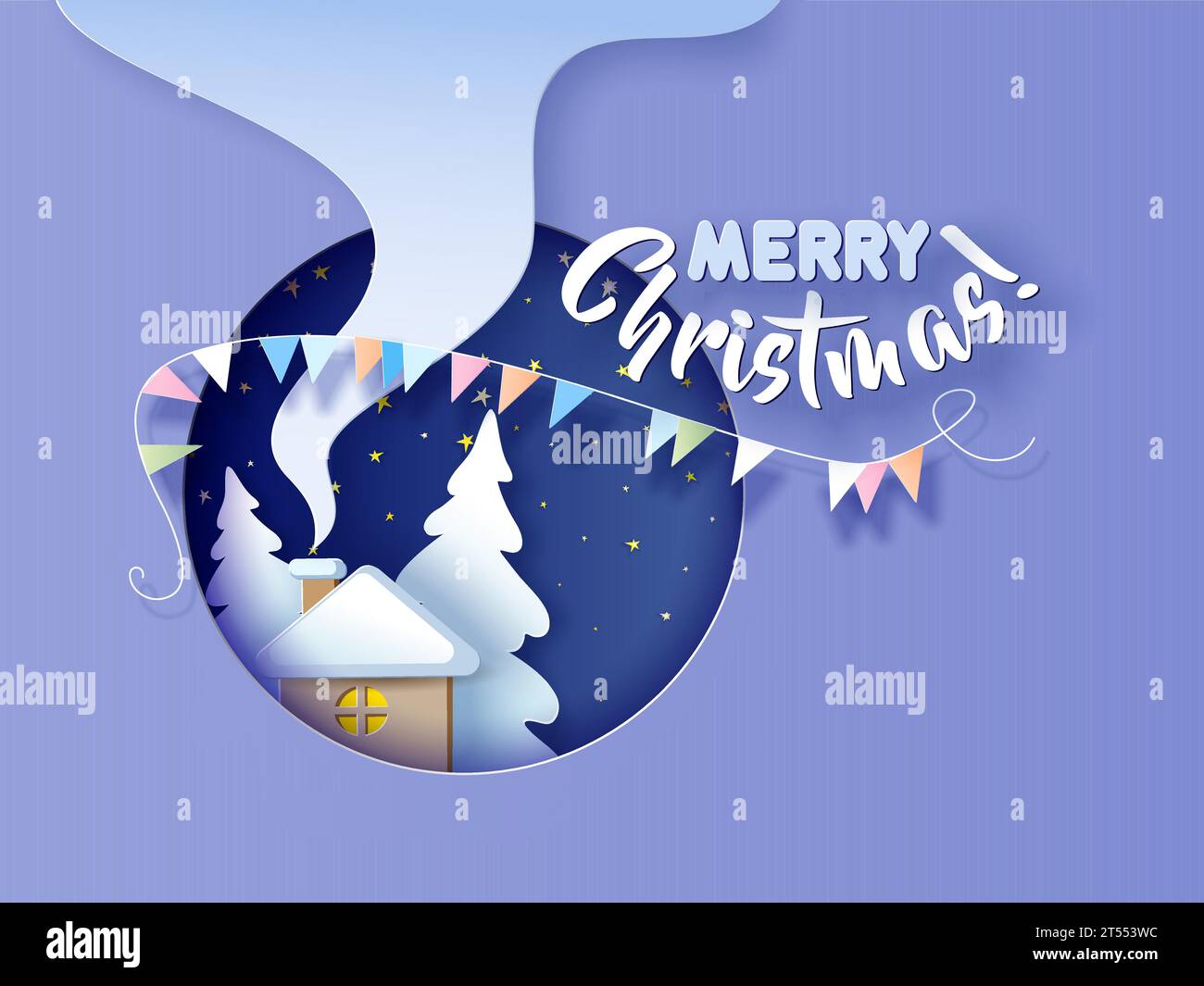 Carte de Noël en papier découpé superposé avec petite maison de paysage d'hiver et arbre couvert de neige dans un trou de nuit rond. Style de coupe du papier. Illustration vectorielle Illustration de Vecteur