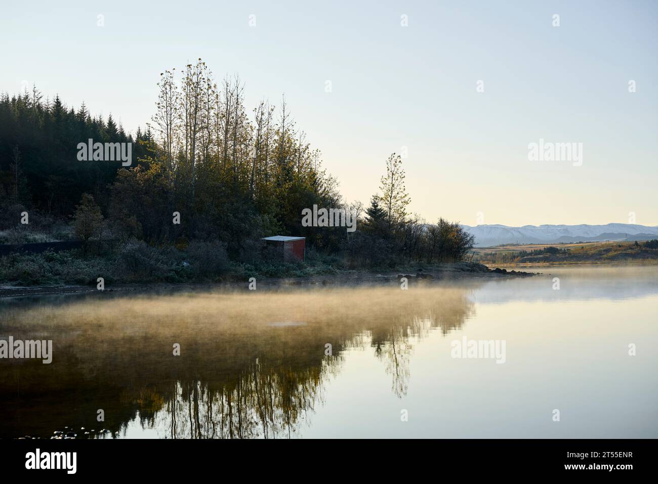 Brouillard au-dessus du lac calme dans la matinée d'automne Banque D'Images