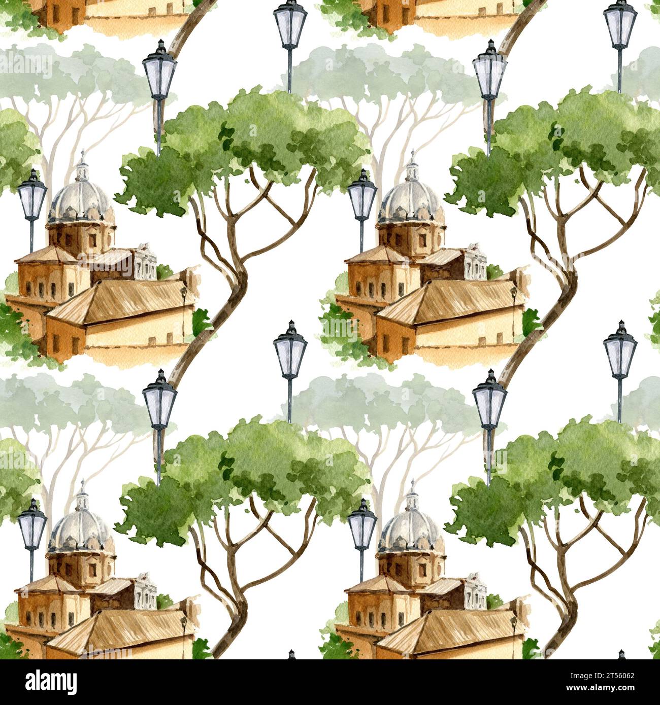 Motif sans couture aquarelle avec vieille maison italienne. Illustration de Rome, Italie, panorama dessiné à la main de la ville avec pin pinya et vieux lampadaire, isol Banque D'Images