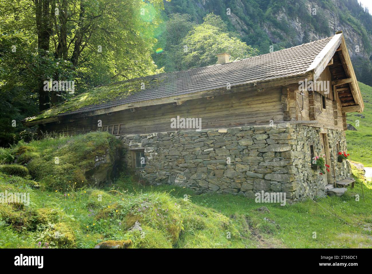 Cabane alpine en pierre et bois à Pinzgau Banque D'Images