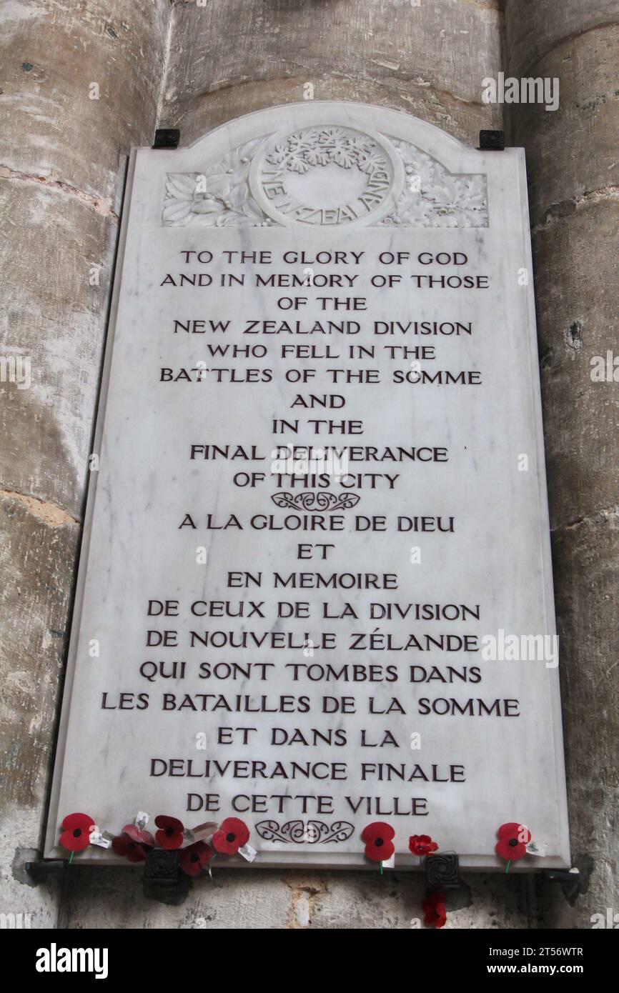 Cathédrale d'Amiens, France, où parmi les tablettes commémoratives aux Forces alliées de la première Guerre mondiale se trouve celle de la Division Nouvelle-Zélande. Banque D'Images