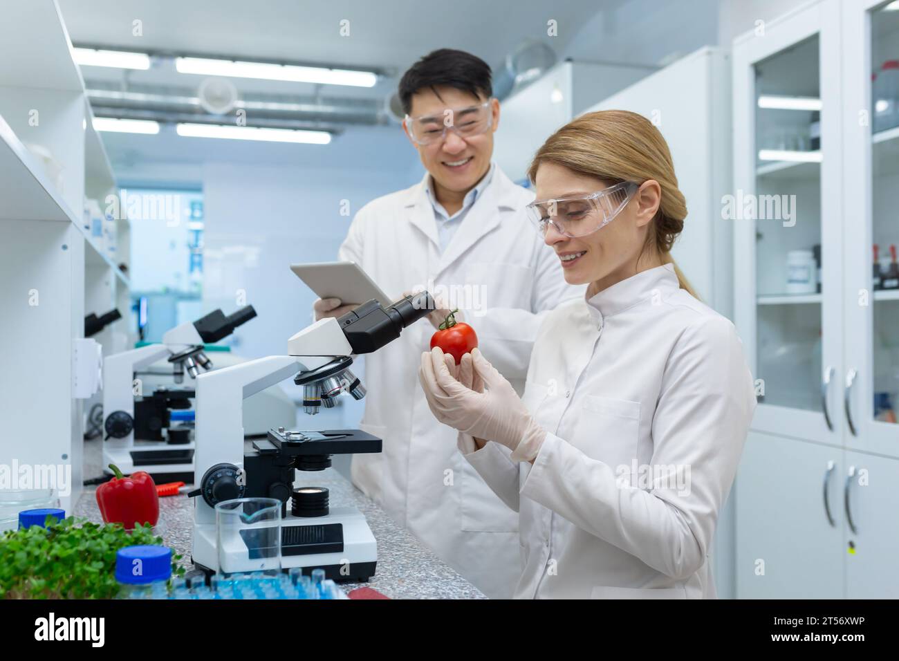 Joyeuse équipe de deux personnes homme et femme en blouses médicales  blanches les travailleurs de laboratoire de recherche de nourriture légumes  et fruits les scientifiques cultivent des produits en laboratoire Photo  Stock -
