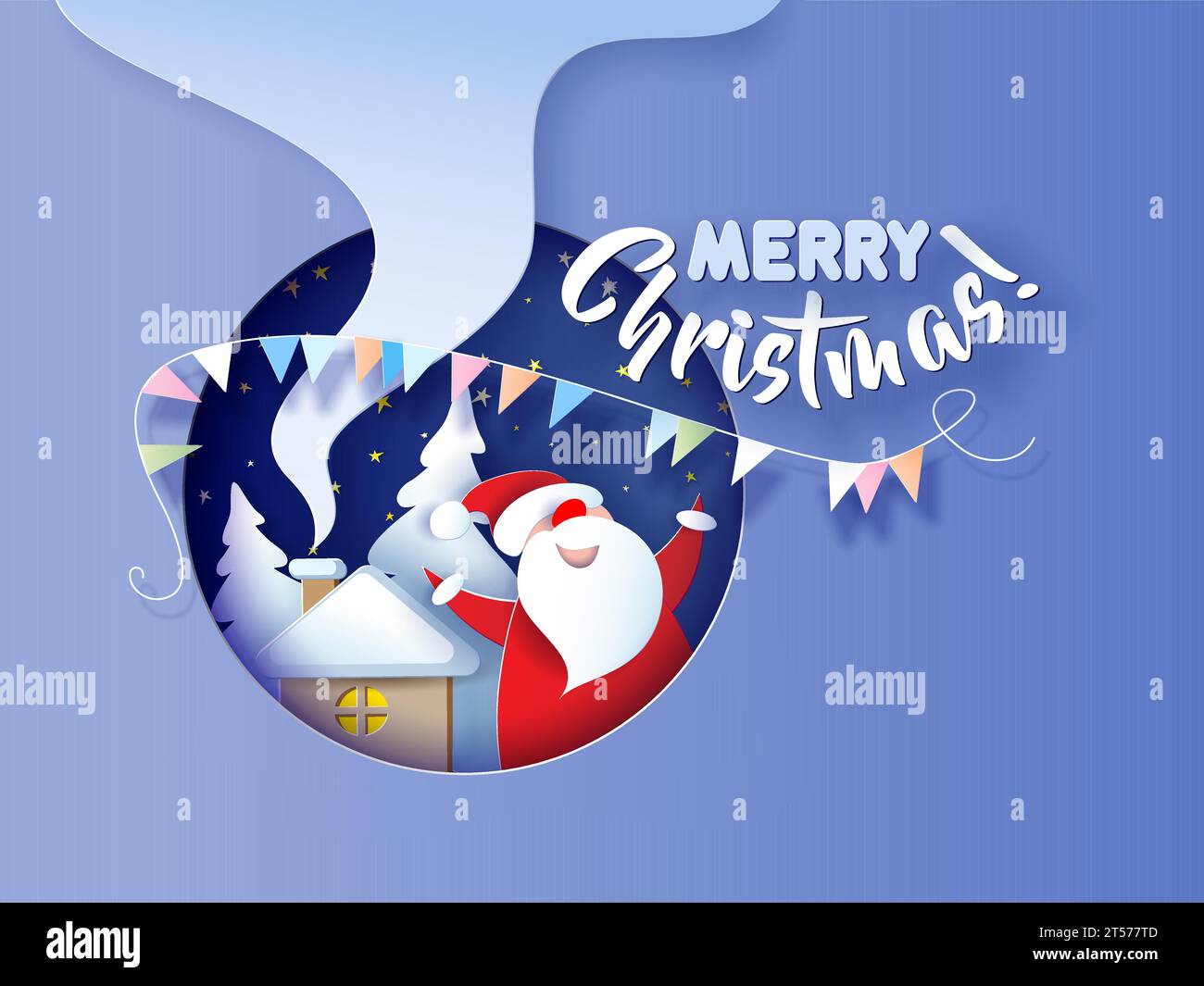 Carte de Noël en papier découpé superposé avec petite maison Winter Landscape Illustration de Vecteur