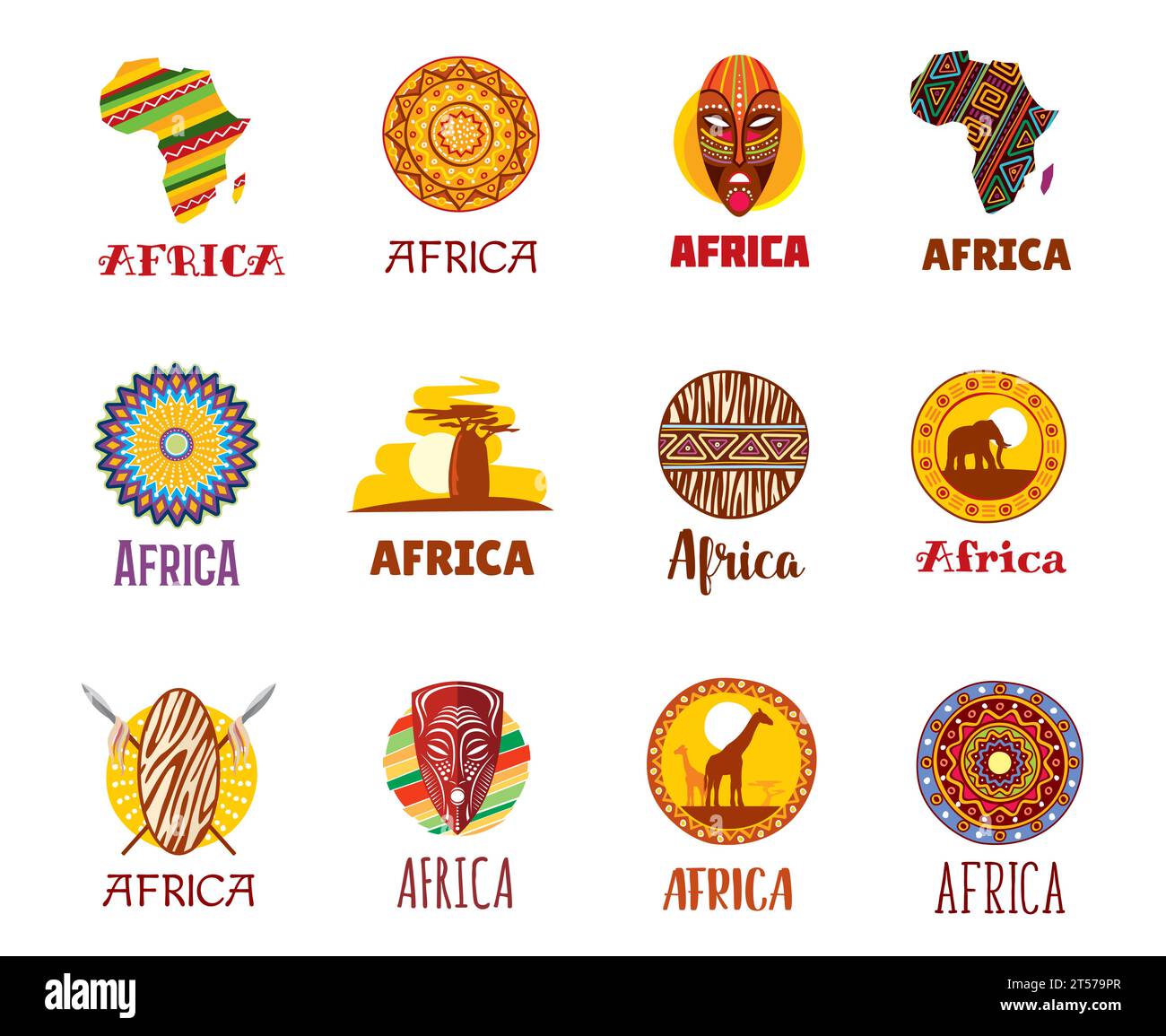 Icônes africaines, voyages africains, monuments touristiques et symboles vectoriels culturels. Ornement traditionnel africain, baobab de savane et masque tribal ethnique, girafe et éléphant sur le safari africain, icônes et signes Illustration de Vecteur