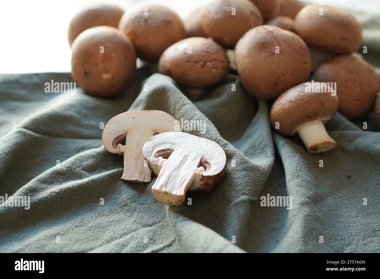 Gros plan de champignons cremini coupés en deux Banque D'Images