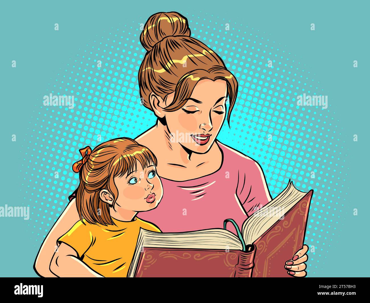 L'éducation préscolaire des enfants. Relation mère-enfant. Une femme lit un livre à une fille. Bande dessinée pop art rétro vecteur Ill Illustration de Vecteur