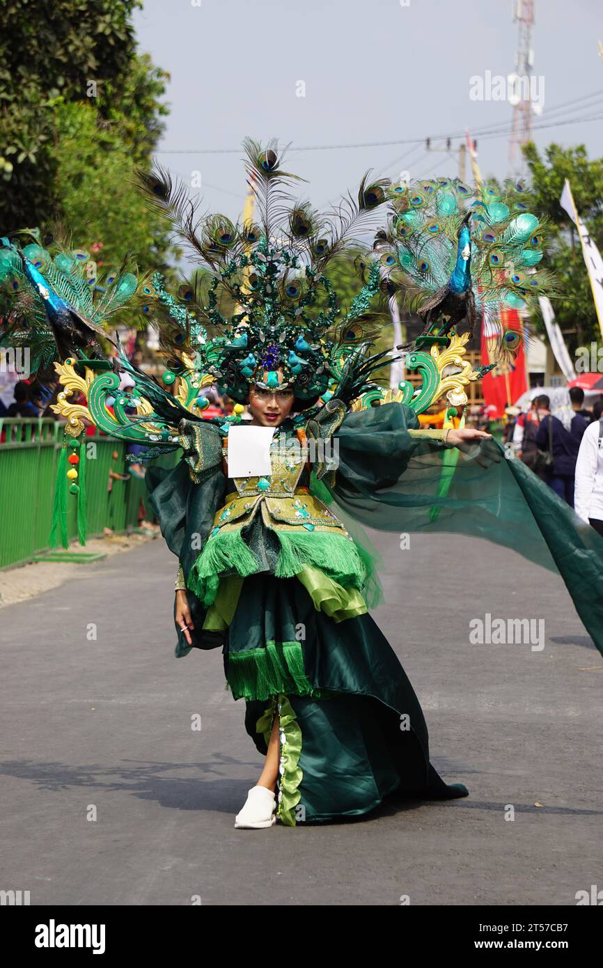 Le participant Biro Fashion Carnival avec un costume de paon Banque D'Images