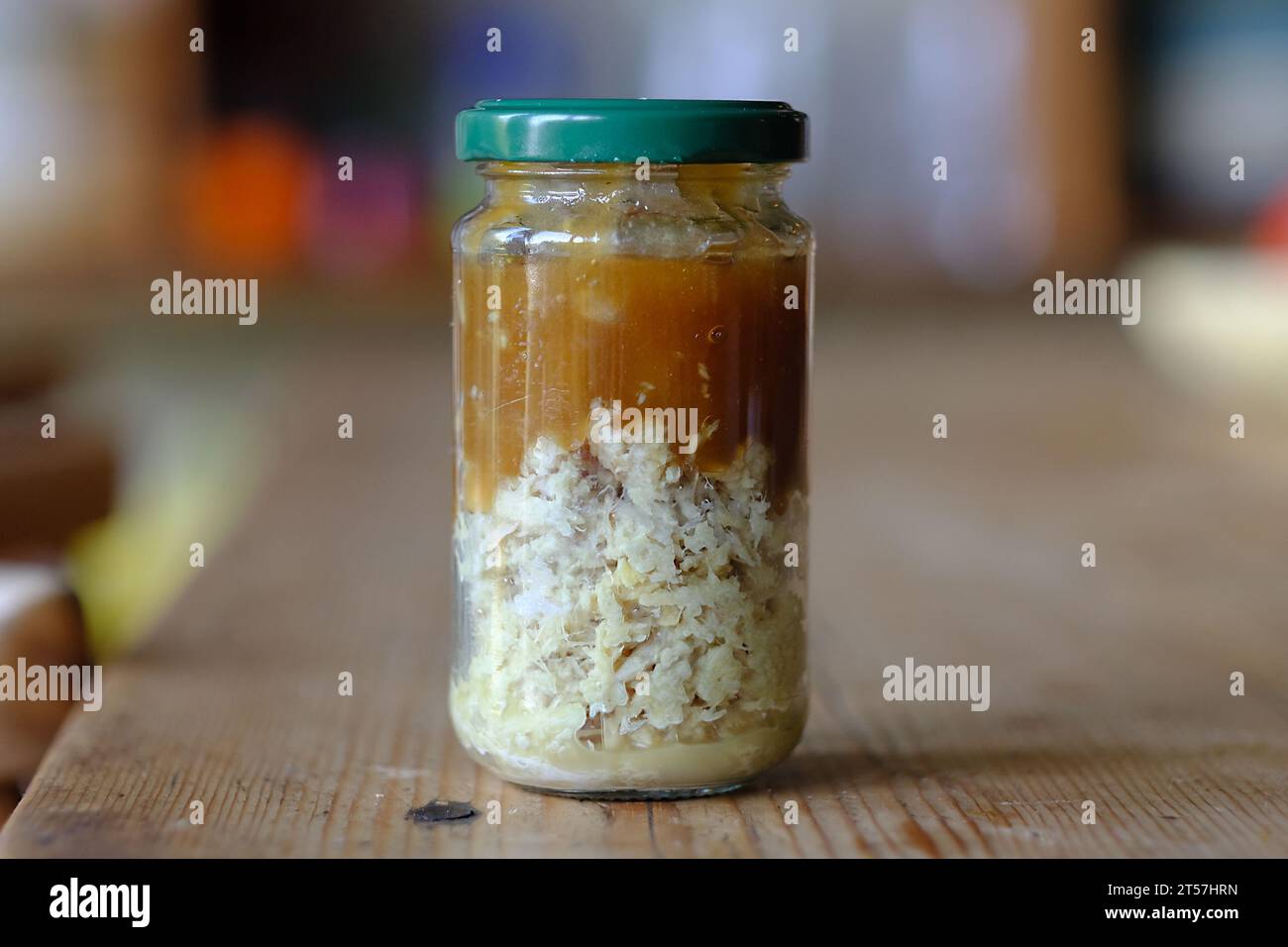 Miel et gingembre placés dans un bocal pour fermenter. Banque D'Images