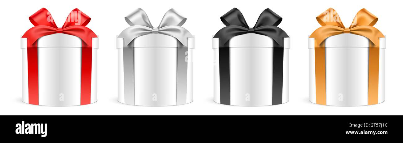 Coffret cadeau cylindrique réaliste, illustration vectorielle. Boîtes-cadeaux blanches de forme ronde avec des rubans colorés, isolés sur fond. Illustration de Vecteur