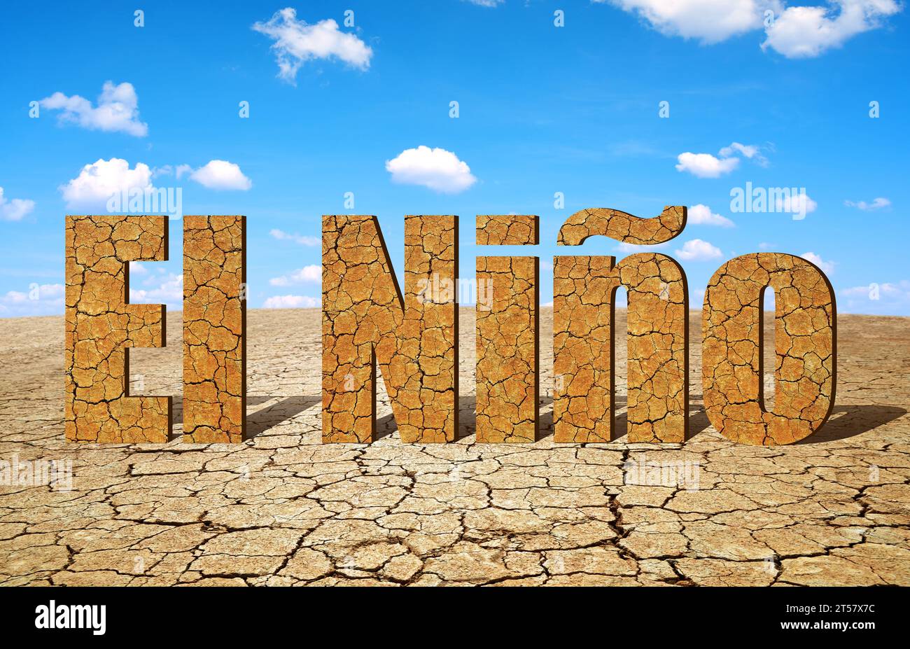 Paysage avec sol fissuré sec et texte El Nino. Concept de changement climatique. Banque D'Images