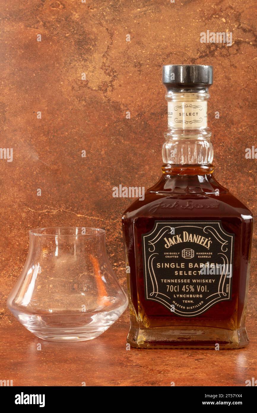 Bouteille de whisky à baril unique de la marque Jack Daniel, gros plan Banque D'Images