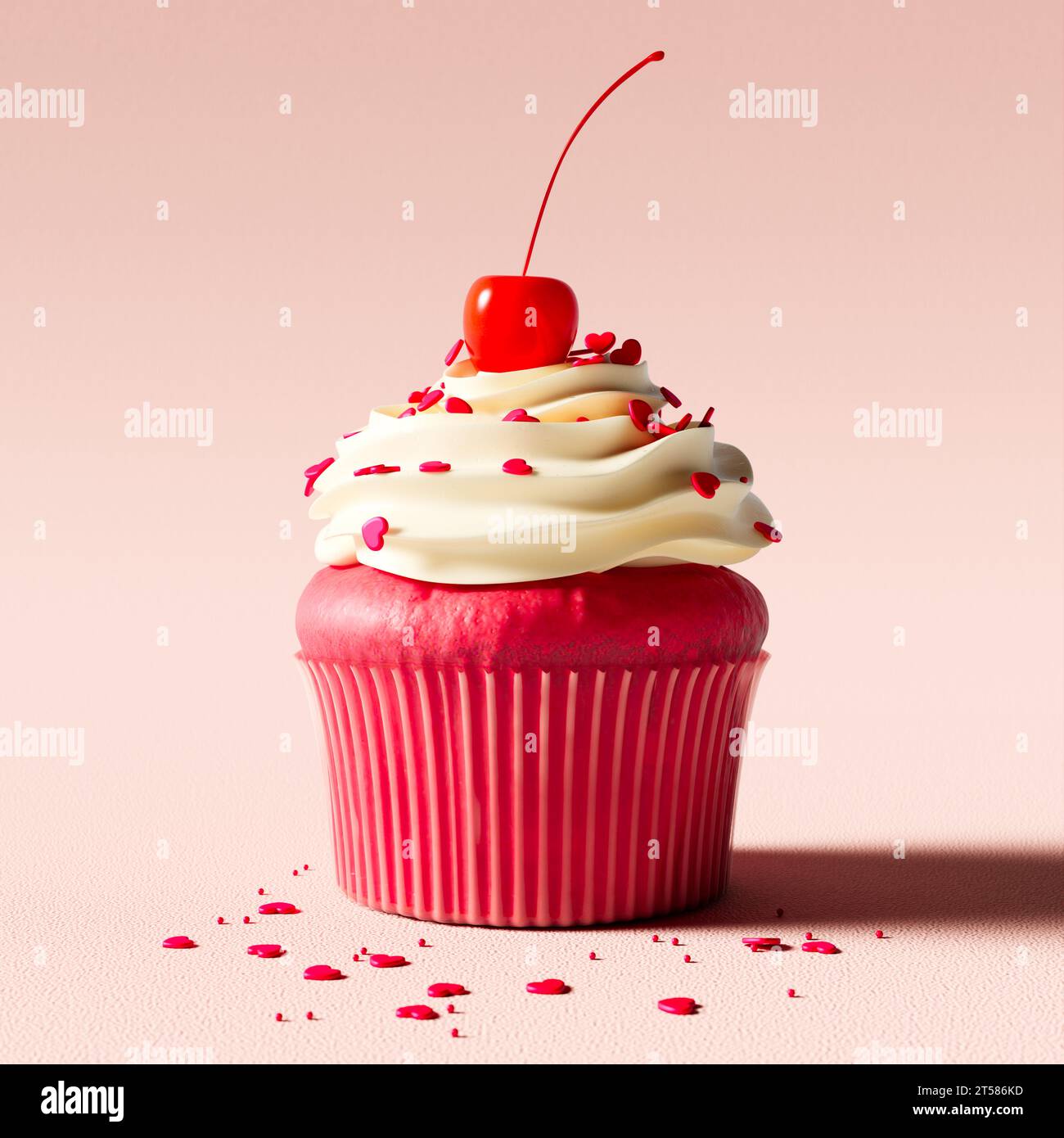 Cupcake en velours rouge. Le cupcake est généreusement surmonté d'un tourbillon de glaçage crémeux à la vanille, décoré de saupoudrages et couronné d'une cerise juteuse Banque D'Images