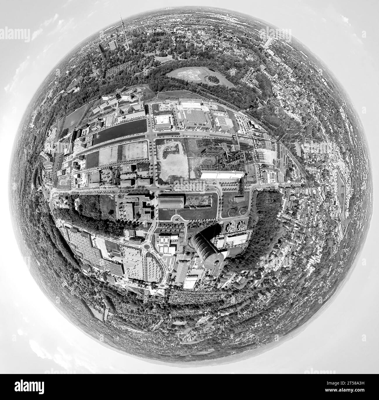 Vue aérienne, zone industrielle Phoenix West, parc technologique, image en noir et blanc, globe terrestre, image fisheye, image à 360 degrés, Hörde, Dortmund, Ruhr Banque D'Images