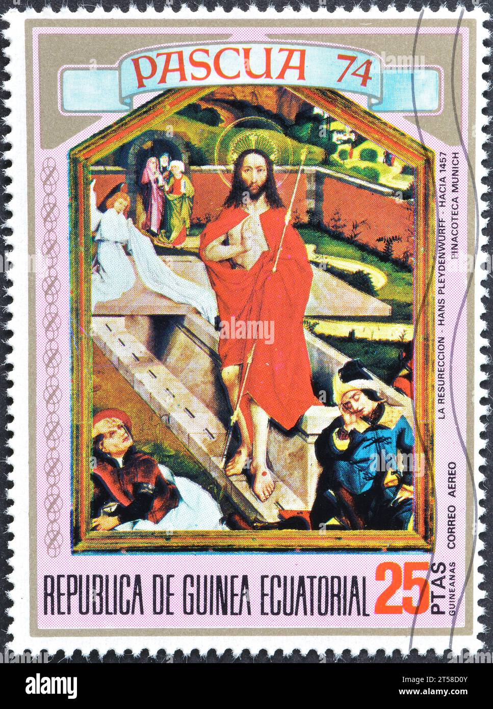 Timbre-poste oblitéré imprimé par la Guinée équatoriale, représentant le tableau Résurrection de Hans Pleydenwurff (1420-1472), Pâques, vers 1974. Banque D'Images