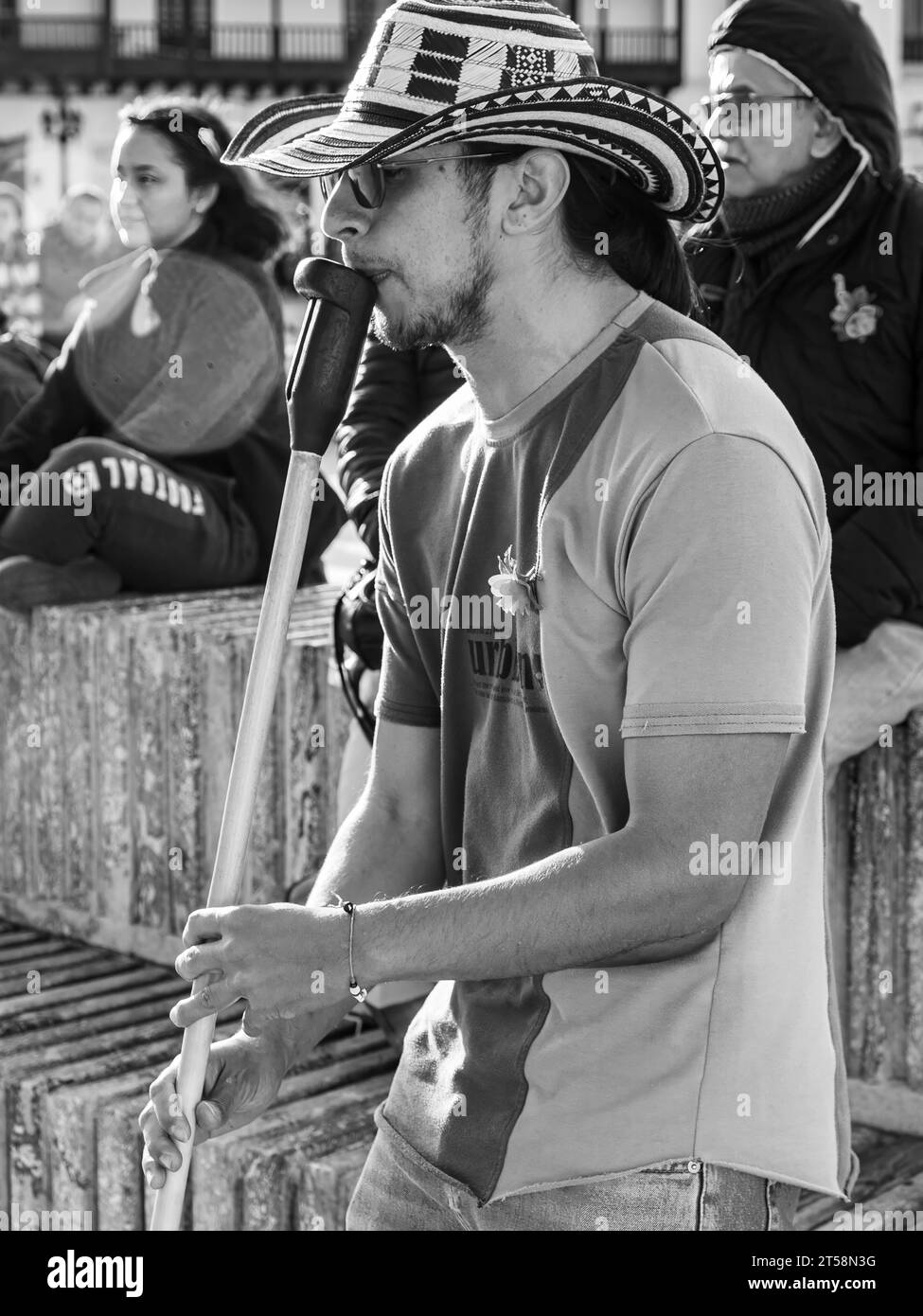 Musicien de pipe traditionnel. Tunja, Boyacá, Colombie, Amérique du Sud. Banque D'Images