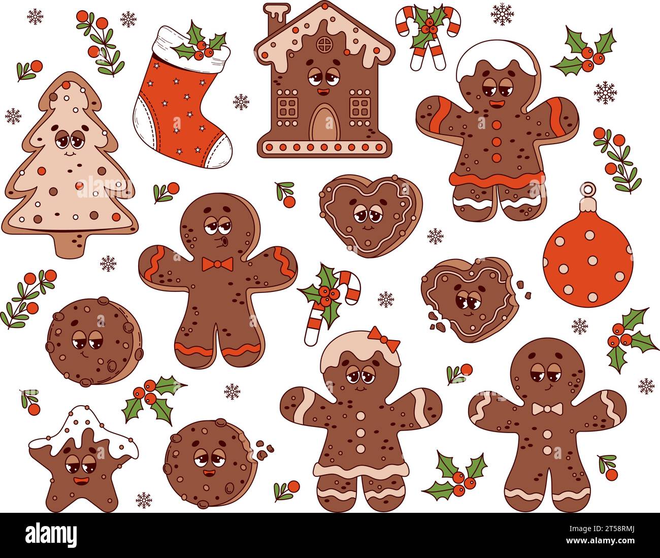 Personnages De Dessins Animés Rétro De Noël En Pain D'épice. Homme Et Fille En Pain D'épice