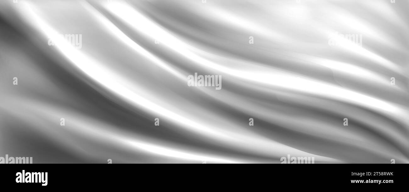 Fond de tissu en soie argentée avec effet d'ondulations liquides. Illustration vectorielle réaliste de texture de tissu satiné gris avec des vagues et des plis. Surface de matériau de draperie lisse et douce gris de luxe. Illustration de Vecteur