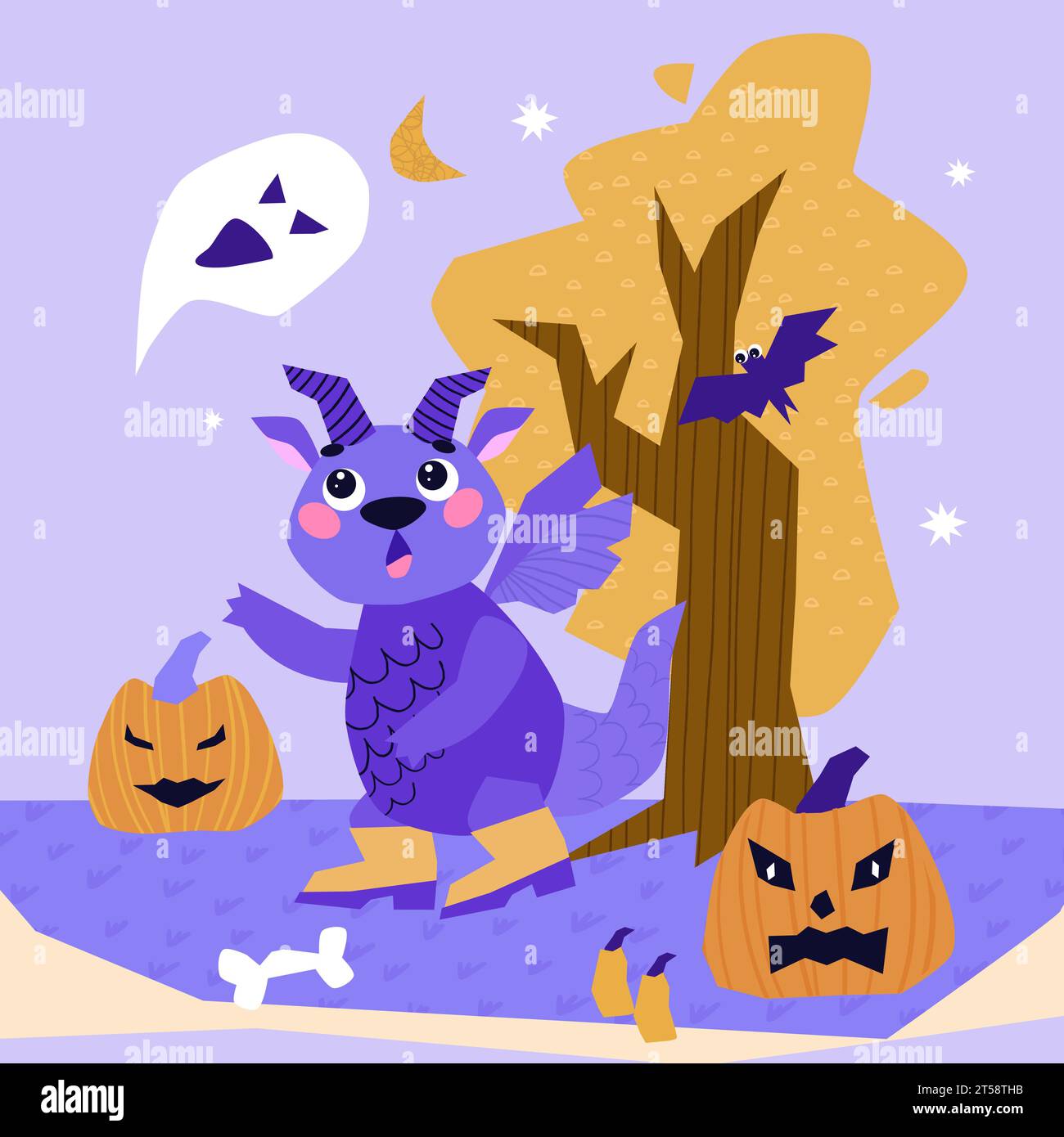 Dragon. Octobre. Dragon célèbre Halloween. Citrouilles effrayantes, fantômes et chauves-souris. Saison d'automne. Mignon personnage de mascotte de dessin animé Dragon. Illustration de Vecteur