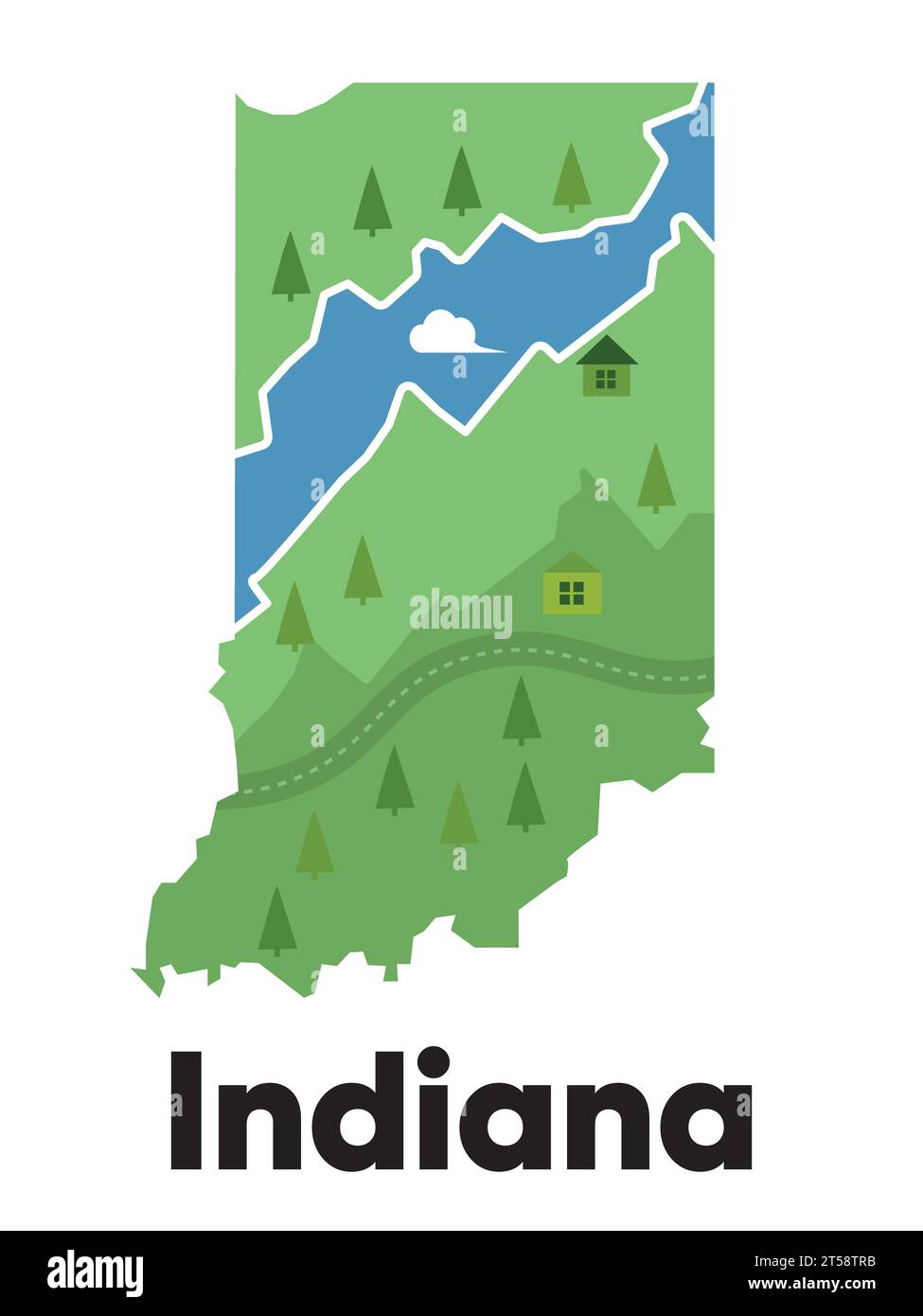 Indiana carte forme États-Unis Amérique vert forêt dessinée à la main style dessin animé avec des arbres Voyage terrain Illustration de Vecteur