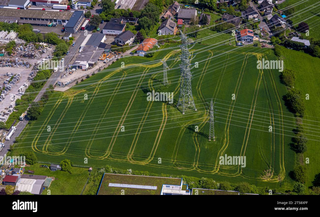 Photographie aérienne, traces dans le paysage, ligne électrique, Ostende, Herdecke, région de la Ruhr, Rhénanie du Nord-Westphalie, Allemagne, DE, Europe, formes et couleurs, H Banque D'Images