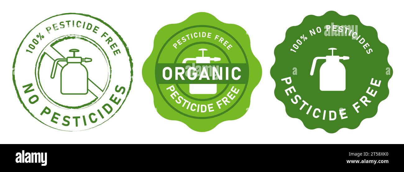 Sans pesticide, emblème sans pesticides, estampille verte en croix spray chimique Illustration de Vecteur