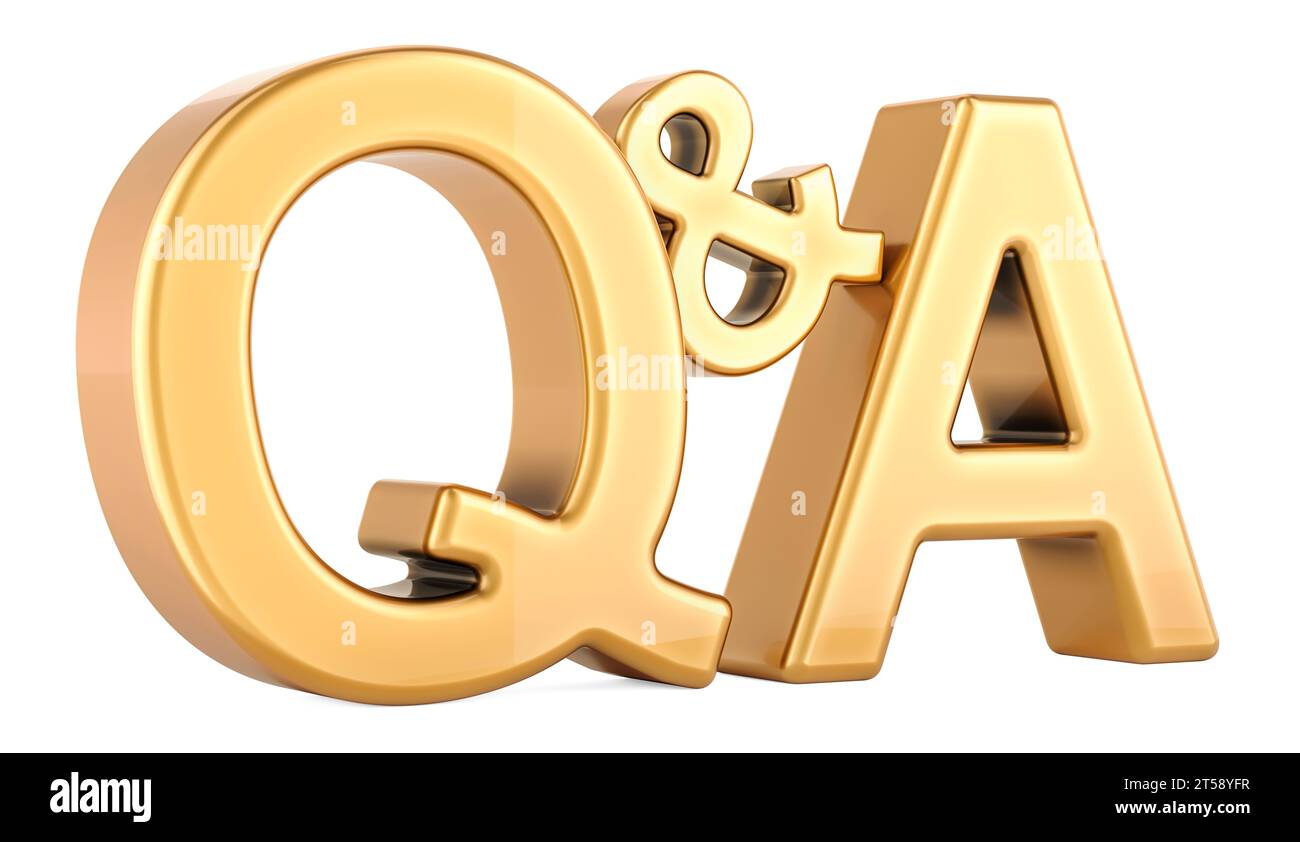 Q&A inscription métallique dorée, rendu 3D isolé sur fond blanc Banque D'Images