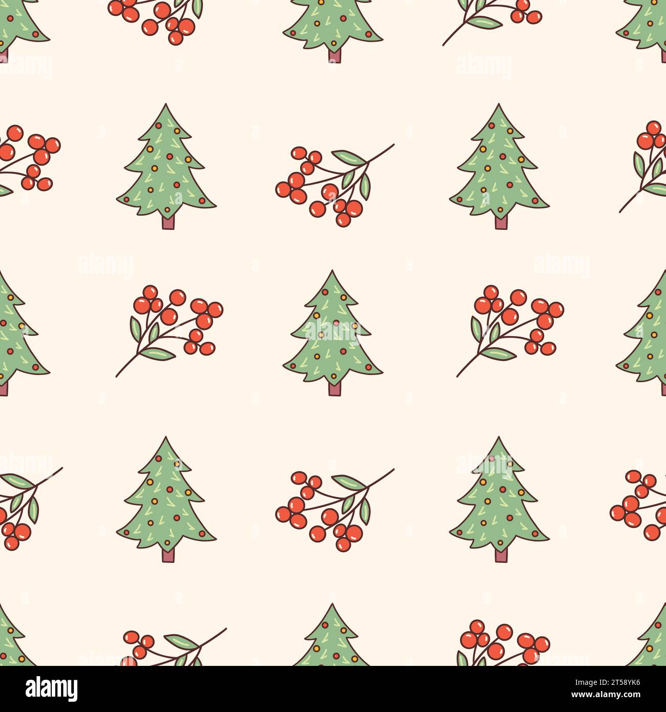 Modèle sans couture avec branche de rowan rouge et arbre de Noël décoré avec des boules du nouvel an. Fond d'hiver. Doodle dessiné à la main vectoriel coloré. Prin Illustration de Vecteur