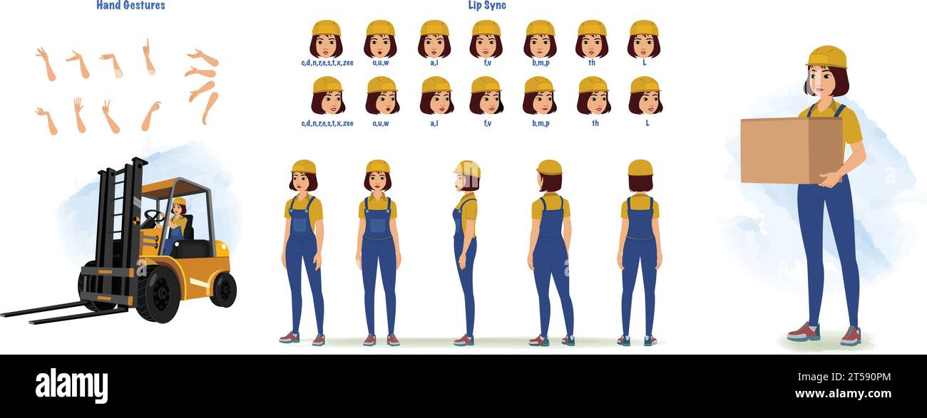 Handwoman, constructeur Character Creation and animation Pack, femme portant une combinaison avec des outils, équipement, Mouth animation et Lip Sync Illustration de Vecteur